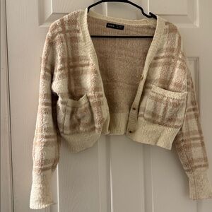 SHEIN Cream and Tan Checkered Cardigan